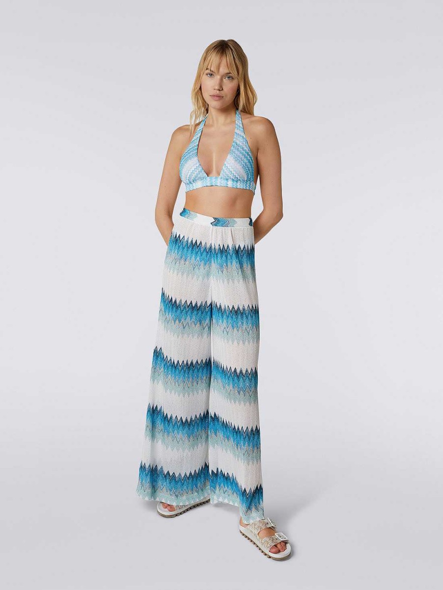 Donne Missoni Abbigliamento Da Spiaggia | Pantalone Copricostume Palazzo Lame A Zig Zag Bianco, Blu E Azzurro