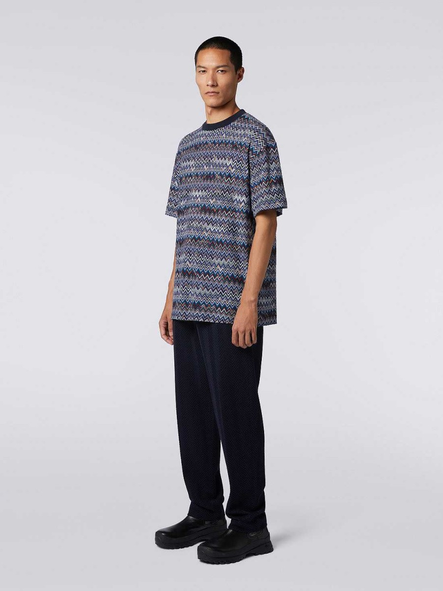 Uomini Missoni Polo E Magliette | T-Shirt Girocollo In Cotone E Viscosa Chevron Blu Navy