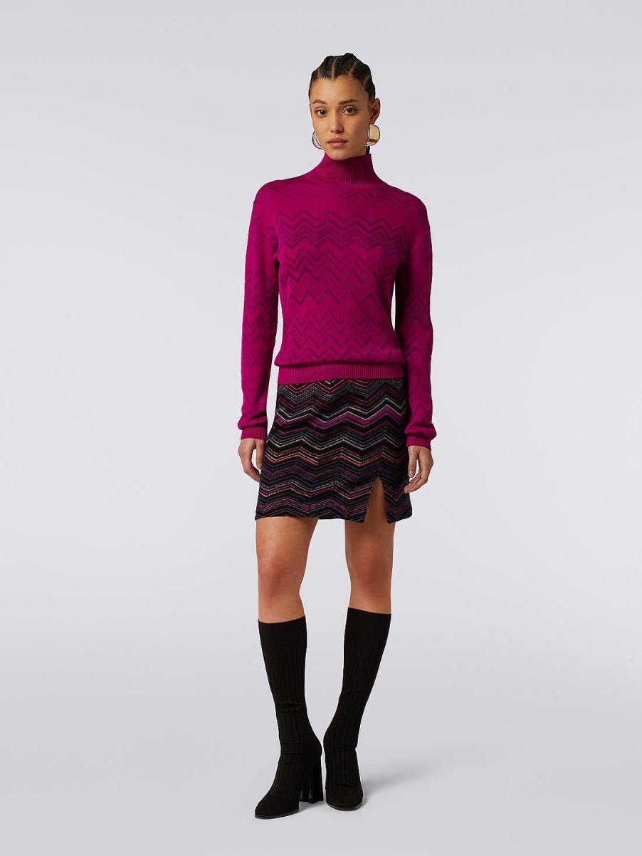 Donne Missoni Maglieria | Pullover A Collo Alto In Lana E Viscosa Chevron Viola