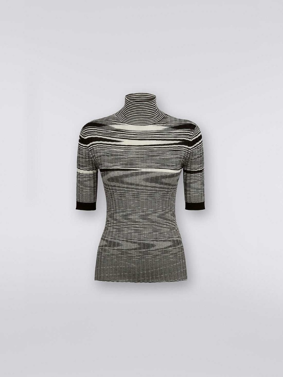 Donne Missoni T-Shirt E Top | Pullover A Collo Alto A Coste In Cashmere E Seta Nero Bianco