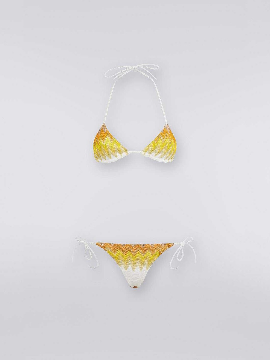 Donne Missoni Costumi Da Bagno | Bikini Zigzag In Misto Viscosa Con Lurex Bianco, Giallo E Ocra