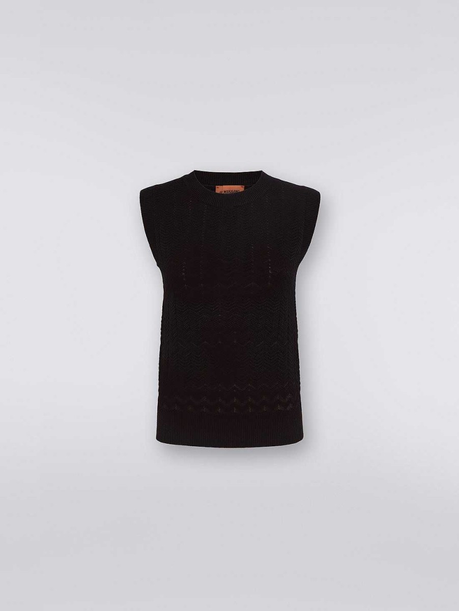 Donne Missoni T-Shirt E Top | Top Smanicato In Cotone E Viscosa Con Zig Zag Tono Su Tono Nero