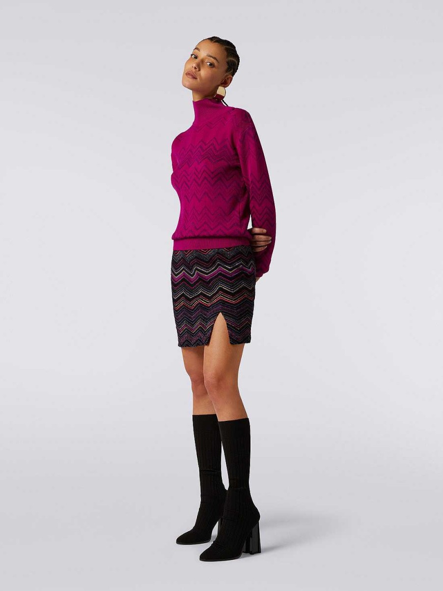 Donne Missoni Maglieria | Pullover A Collo Alto In Lana E Viscosa Chevron Viola