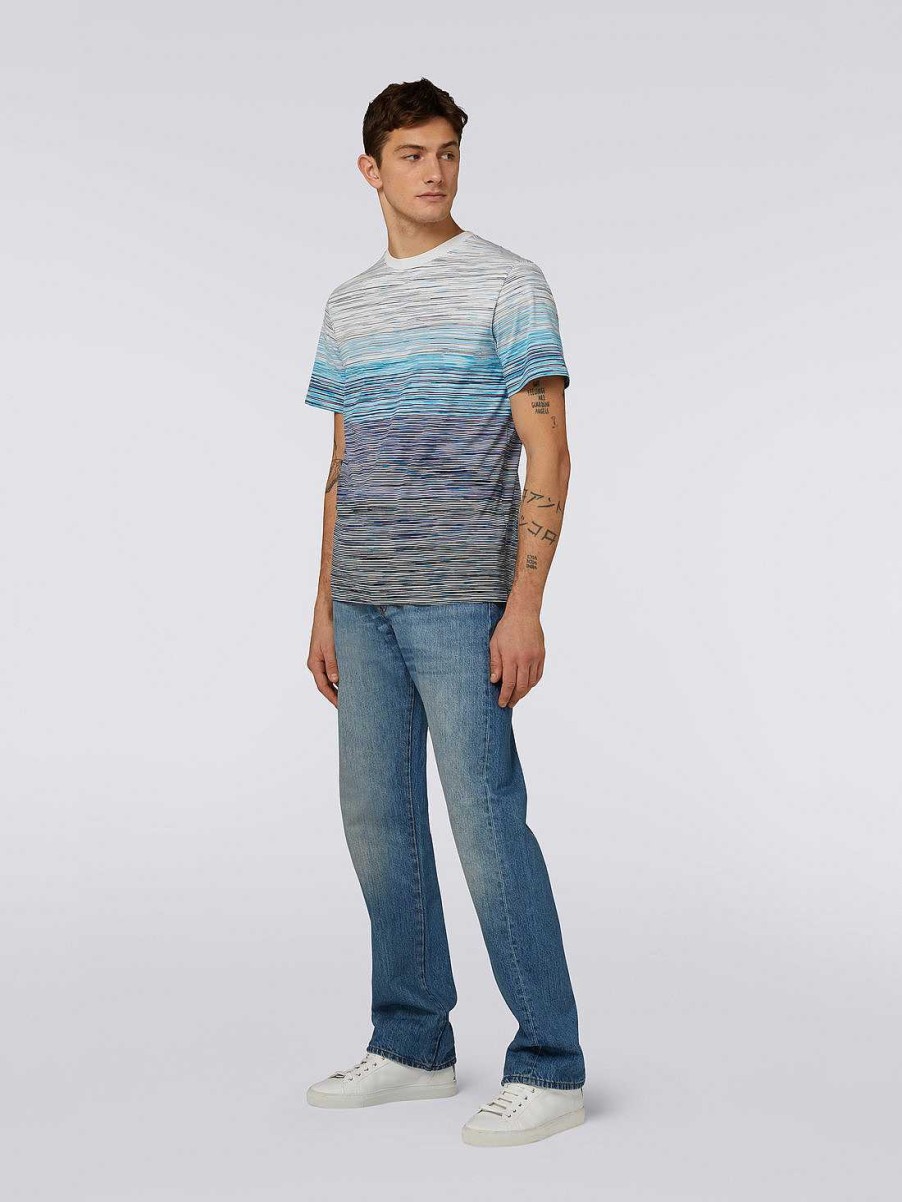 Uomini Missoni Polo E Magliette | T-Shirt Girocollo In Jersey Di Cotone Fiammato Azzurro Cielo, Azzurro E Blu