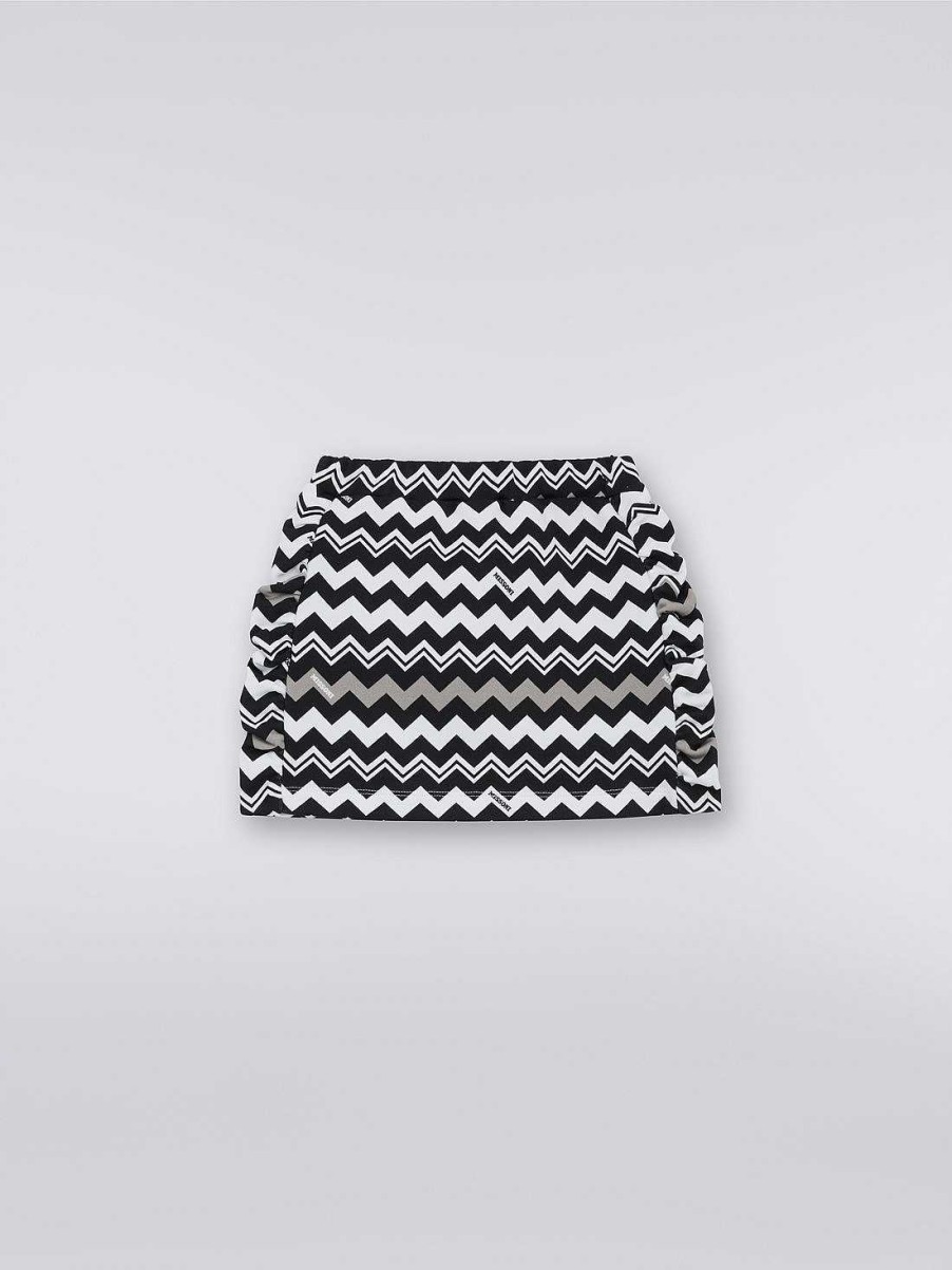 Ragazza (4-14 Anni) Missoni | Gonna In Cotone Con Arricciature Laterali E Motivo Zigzag Nero Bianco