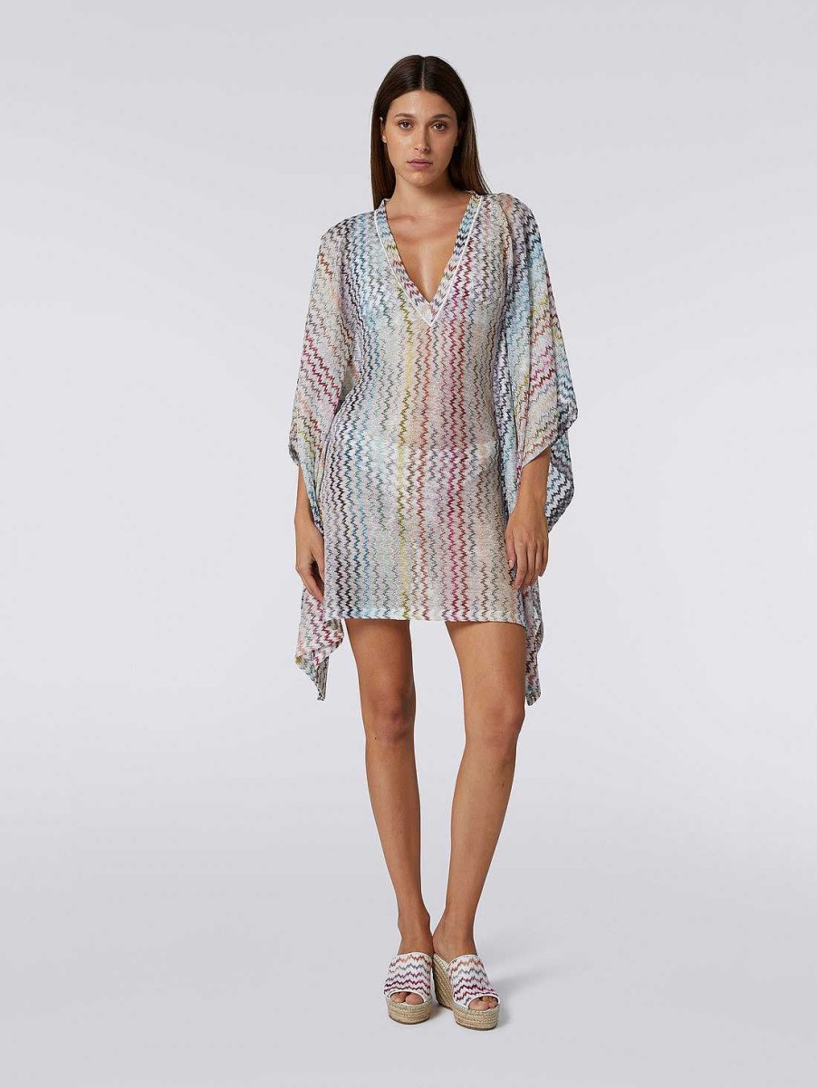 Donne Missoni Abbigliamento Da Spiaggia | Caftano Corto Copricostume In Maglia Zigzag Con Lurex Multicolore