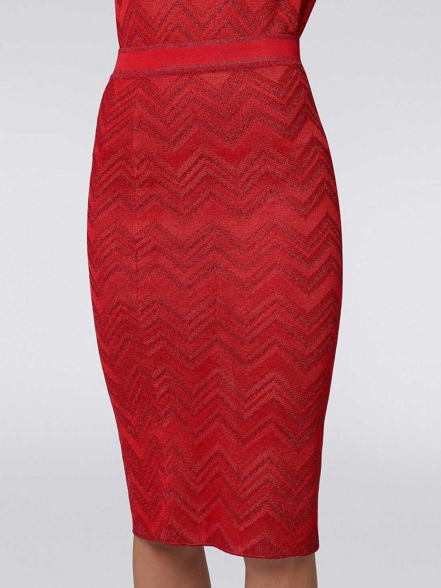 Donne Missoni Gonne | Gonna Longuette In Maglia Zigzag Con Lurex Rosso