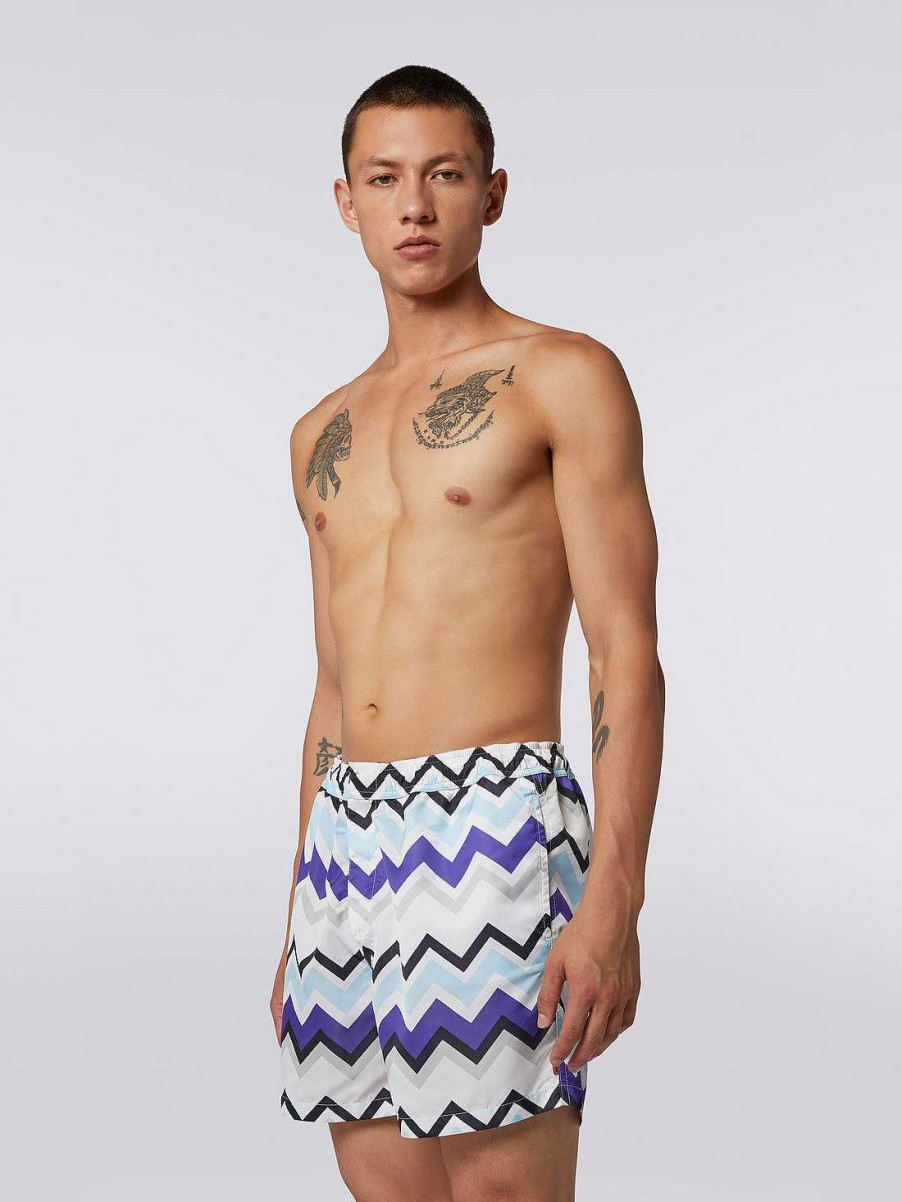 Uomini Missoni Costume Da Bagno | Boxer Da Bagno In Misto Nylon Con Grande Stampa A Zigzag Blu, Grigio E Bianco