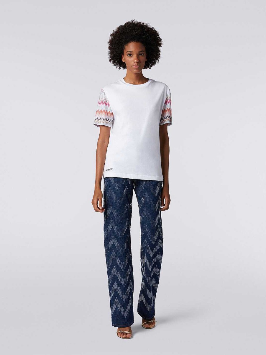 Donne Missoni T-Shirt E Top | T-Shirt Girocollo In Cotone Con Inserti A Zigzag Multicolore