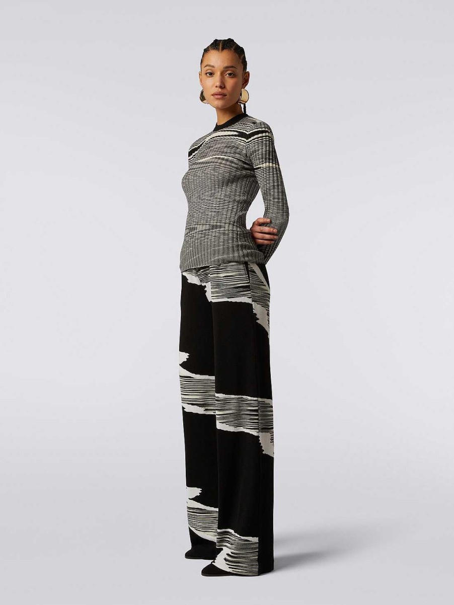 Donne Missoni T-Shirt E Top | Pullover Girocollo A Coste Strette In Cashmere E Seta Nero Bianco