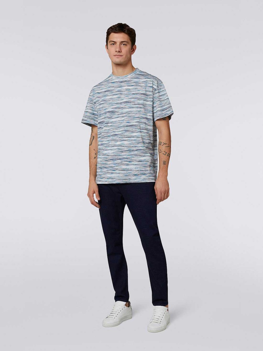 Uomini Missoni Polo E Magliette | T-Shirt Girocollo In Jersey Di Cotone Fiammato Bianco E Azzurro