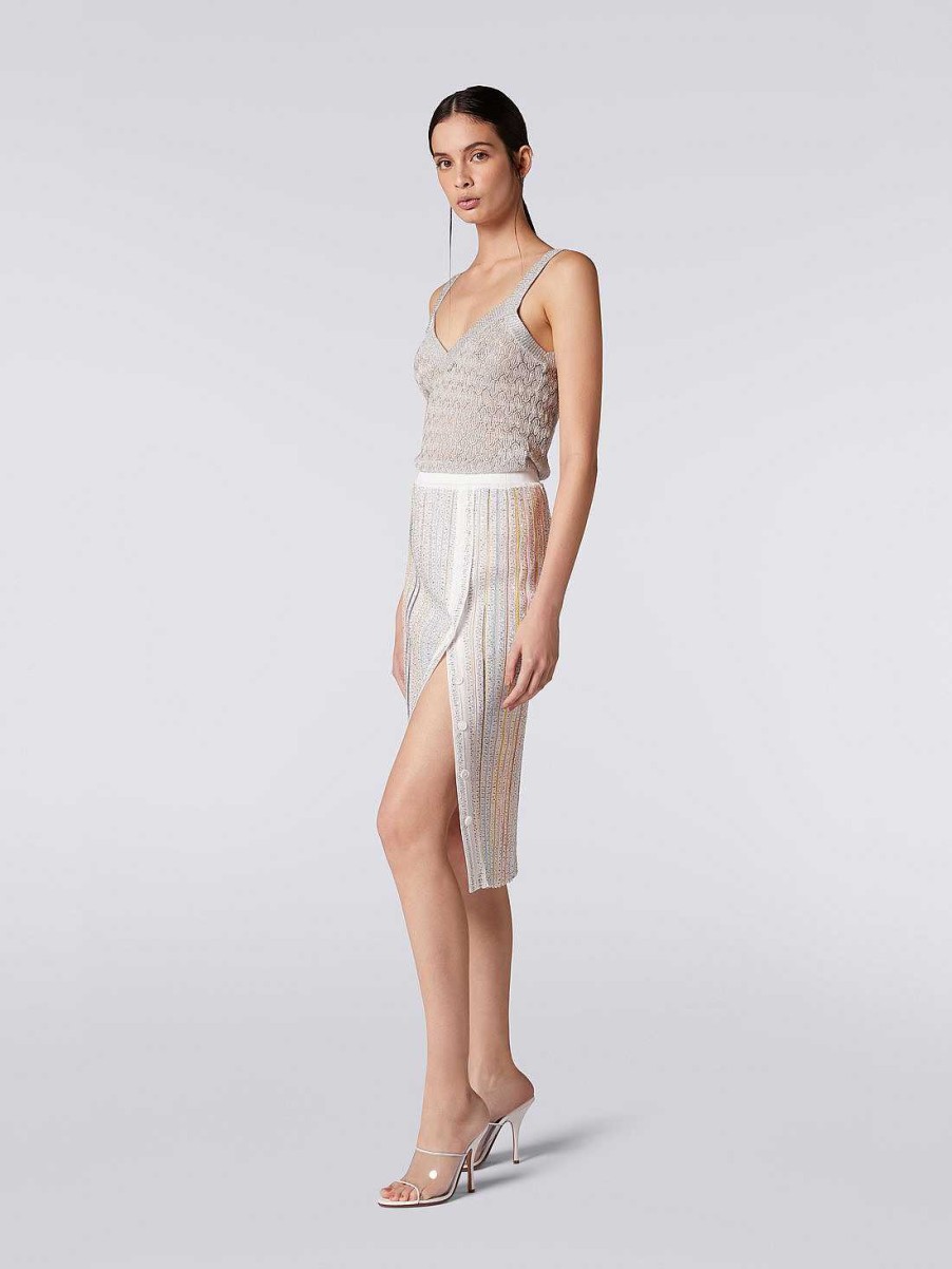 Donne Missoni Gonne | Gonna Longuette Con Abbottonatura Laterale Bianco E Multicolore