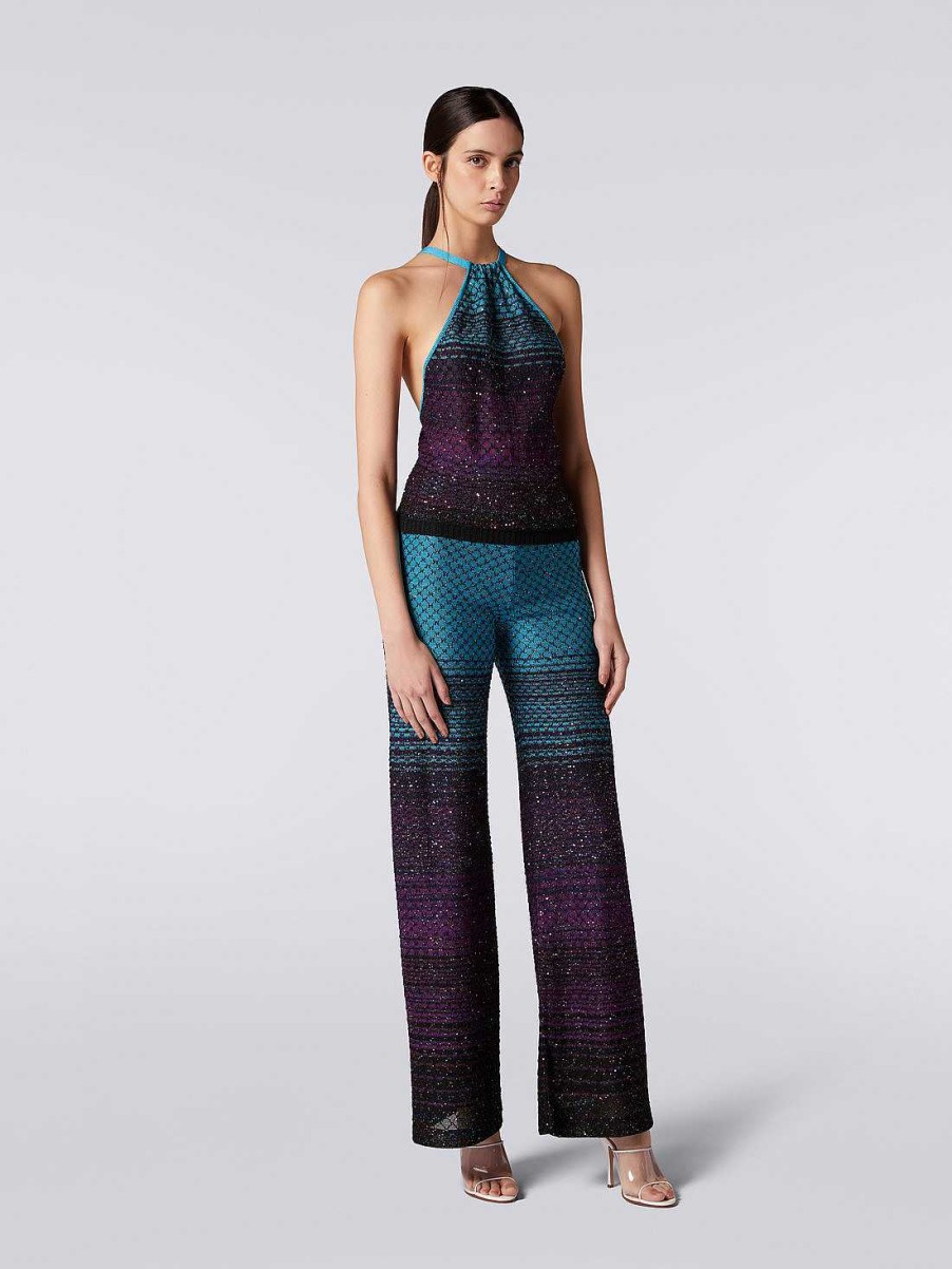 Donne Missoni Pantaloni | Pantaloni Svasati In Maglia Con Paillettes Turchese, Viola E Nero