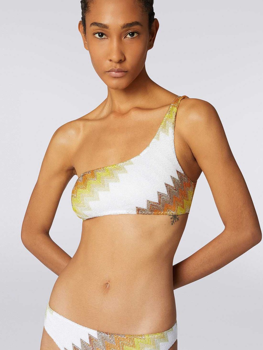 Donne Missoni Costumi Da Bagno | Bikini Monospalla Con Zigzag E Lame Bianco, Giallo E Ocra