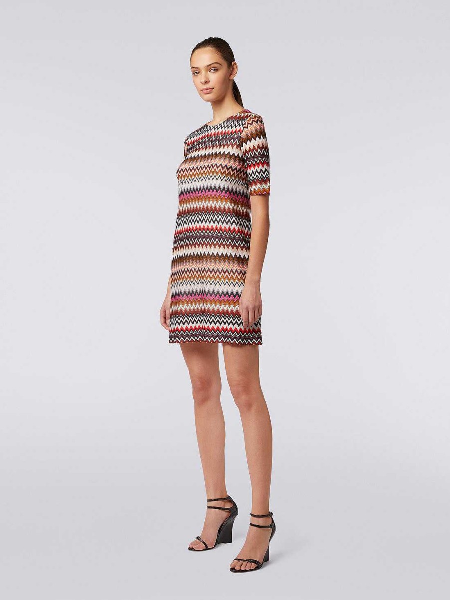 Donne Missoni Vestiti | Mini Abito In Viscosa A Maniche Corte Con Motivo Zigzag Multicolore