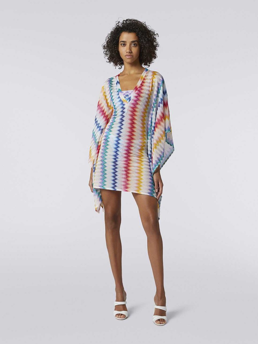 Donne Missoni Abbigliamento Da Spiaggia | Caftano Copricostume Corto In Viscosa Zigzag Con Lurex Multicolore