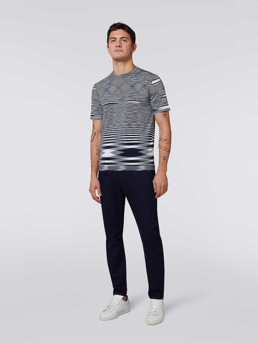 Uomini Missoni Polo E Magliette | T-Shirt Girocollo In Cotone Fiammato Bianco E Blu Navy