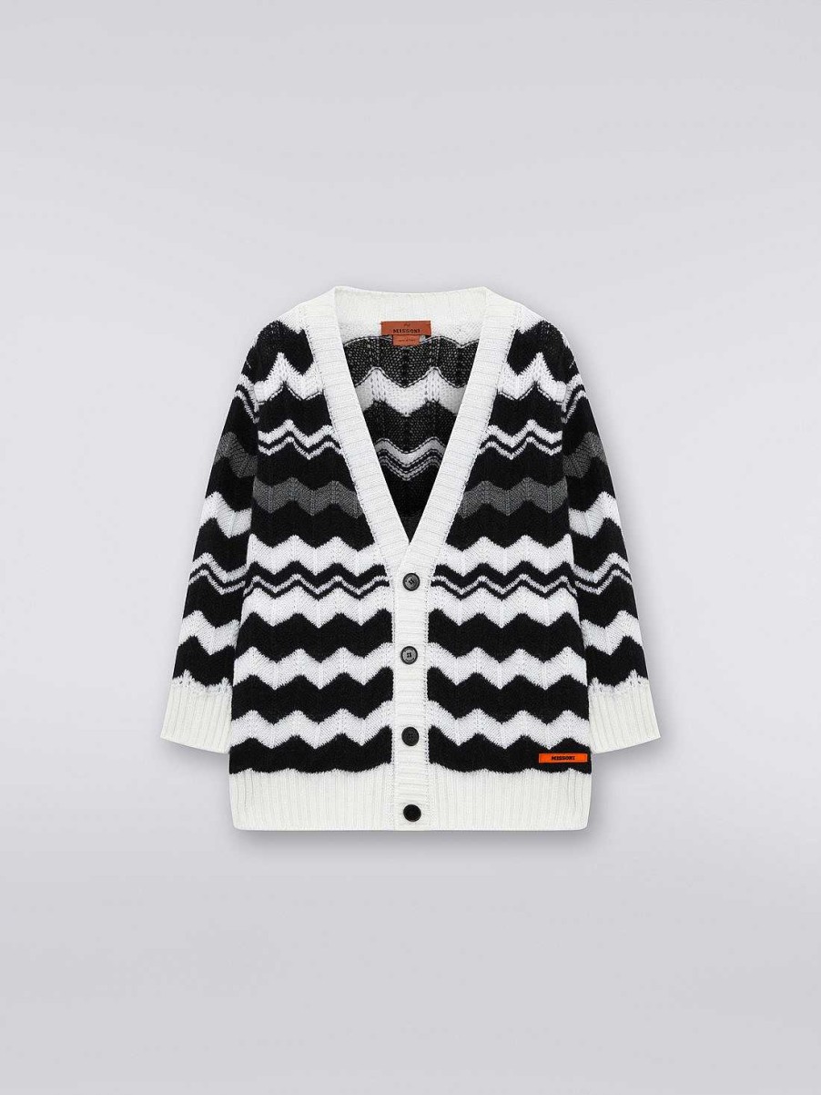 Ragazza (4-14 Anni) Missoni | Cardigan In Lana Con Zig Zag Nero Bianco