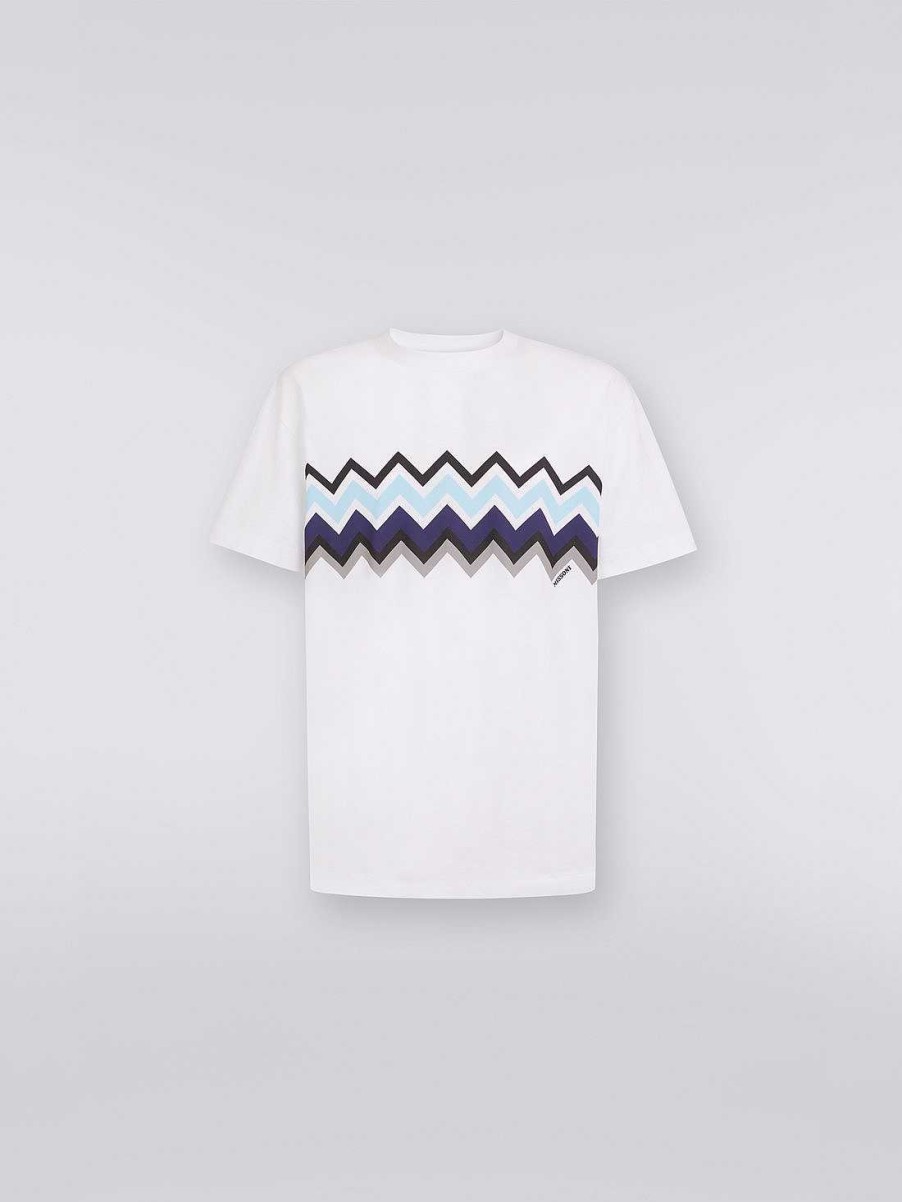 Uomini Missoni Polo E Magliette | T-Shirt Girocollo In Jersey Di Cotone A Zig Zag Bianco, Nero E Blu