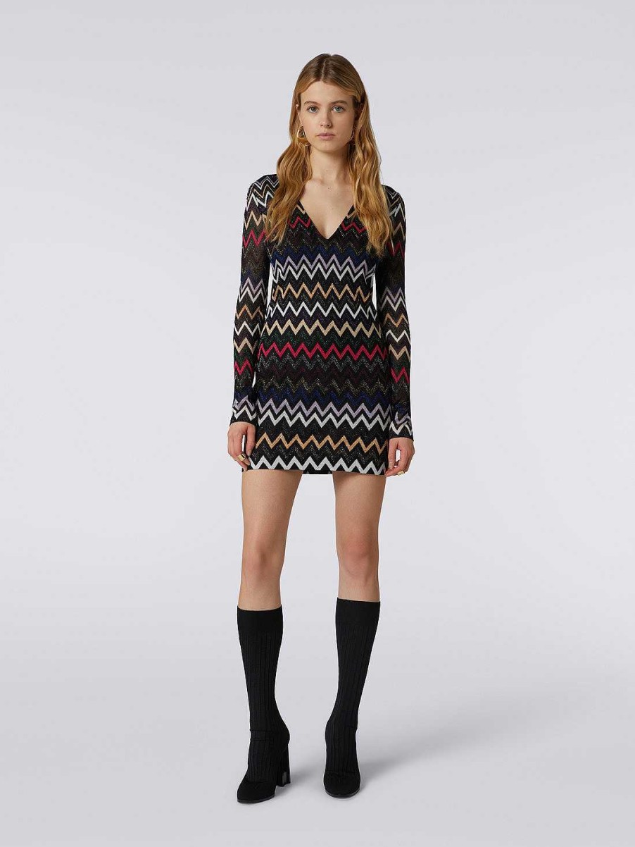 Donne Missoni Vestiti | Miniabito In Chevron Di Viscosa Lame Con Scollo A V Multicolore