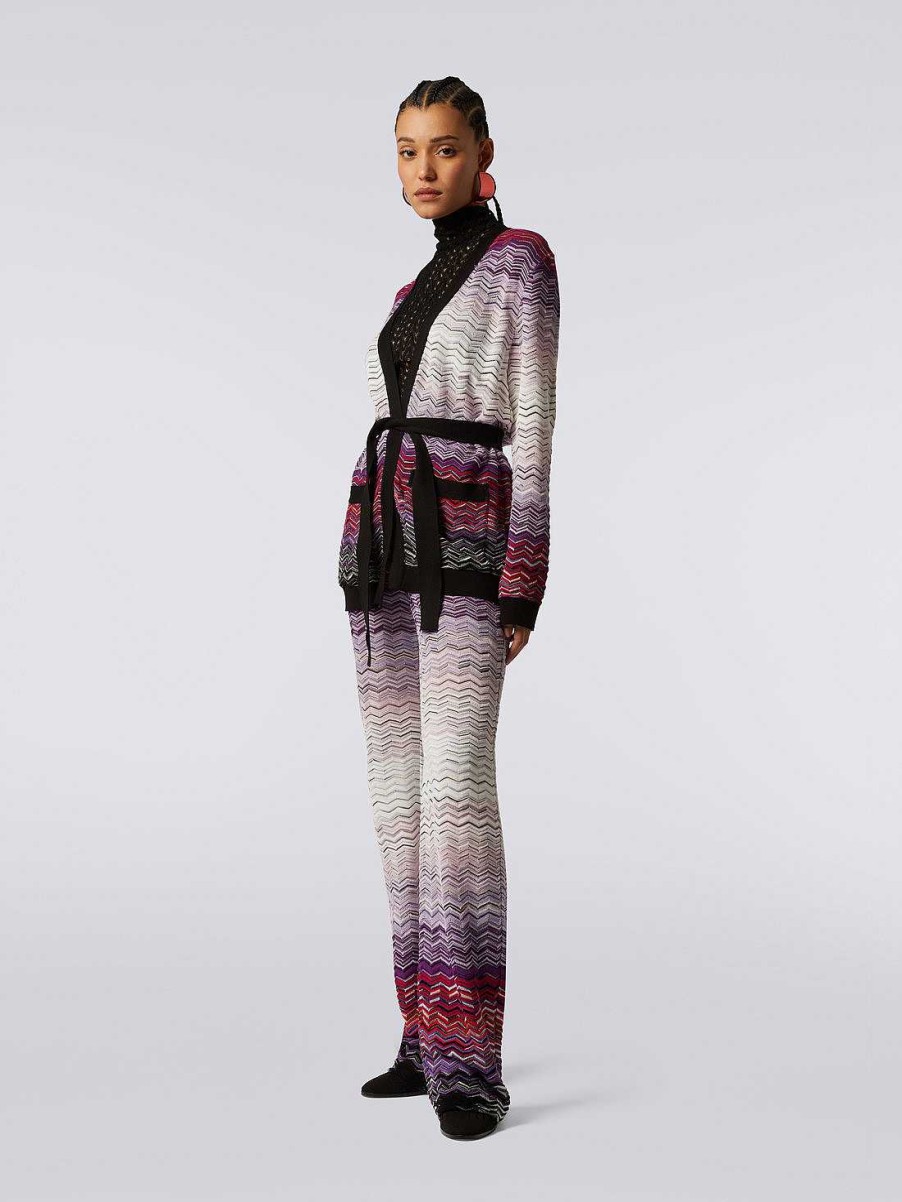 Donne Missoni Maglieria | Cardigan Lungo Chevron In Cotone E Viscosa Con Cintura Multicolore