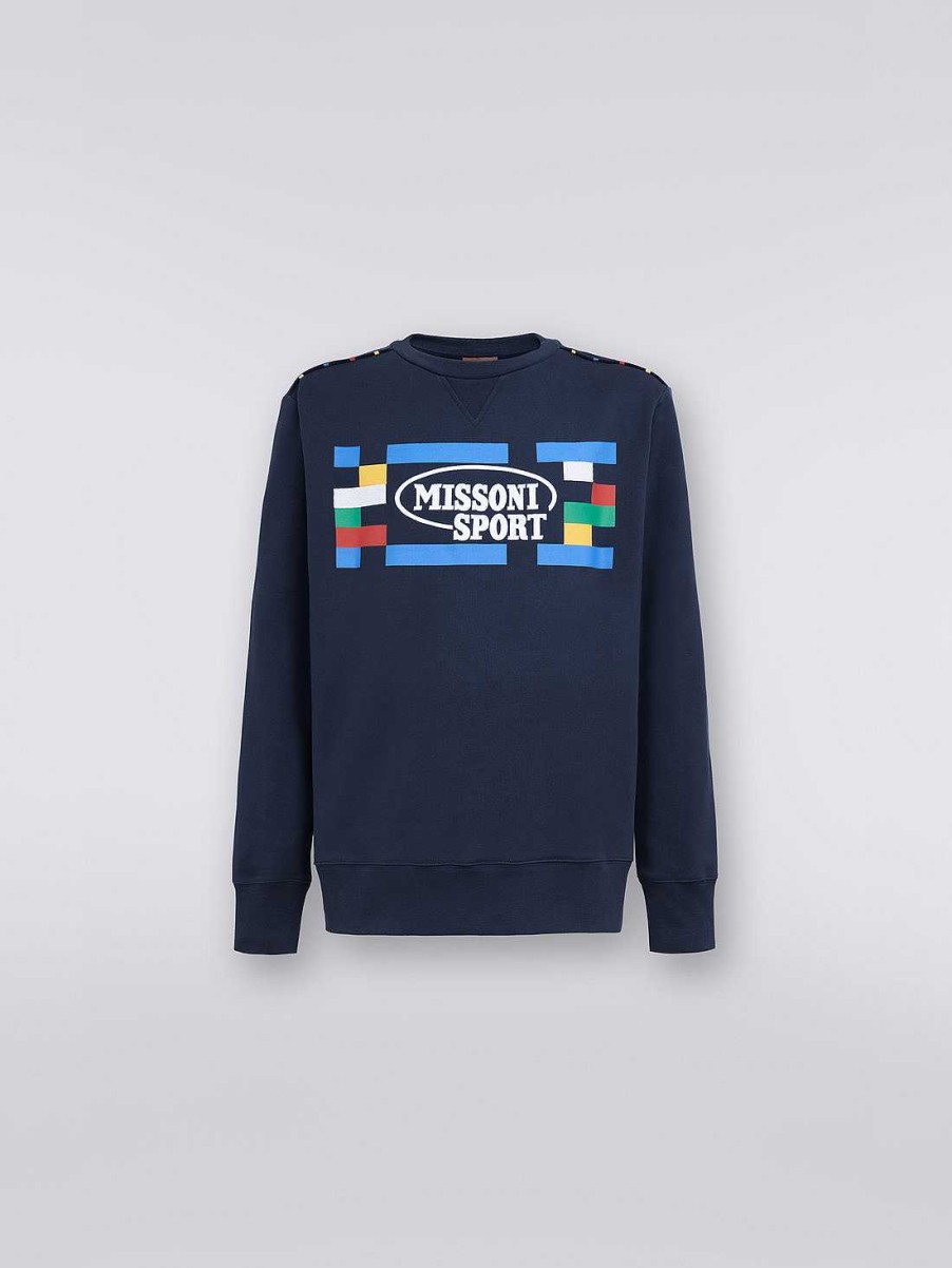 Uomini Missoni Vestiario | Felpa Girocollo In Cotone Con Logo Legacy E Profili In Maglia Blu Navy