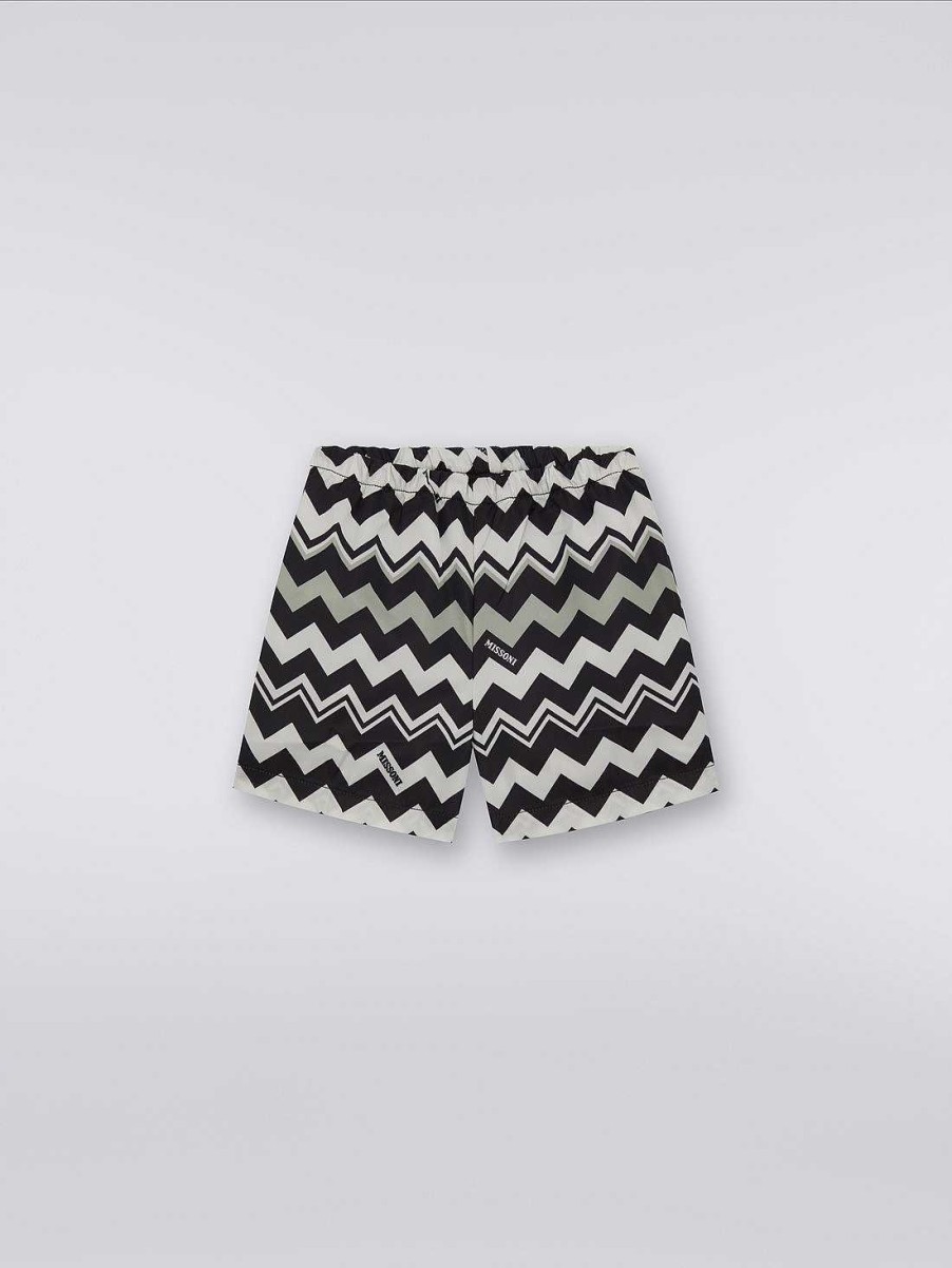 Ragazza (4-14 Anni) Missoni | Costume Da Bagno Con Elastico In Vita Con Motivo A Zig Zag Nero Bianco