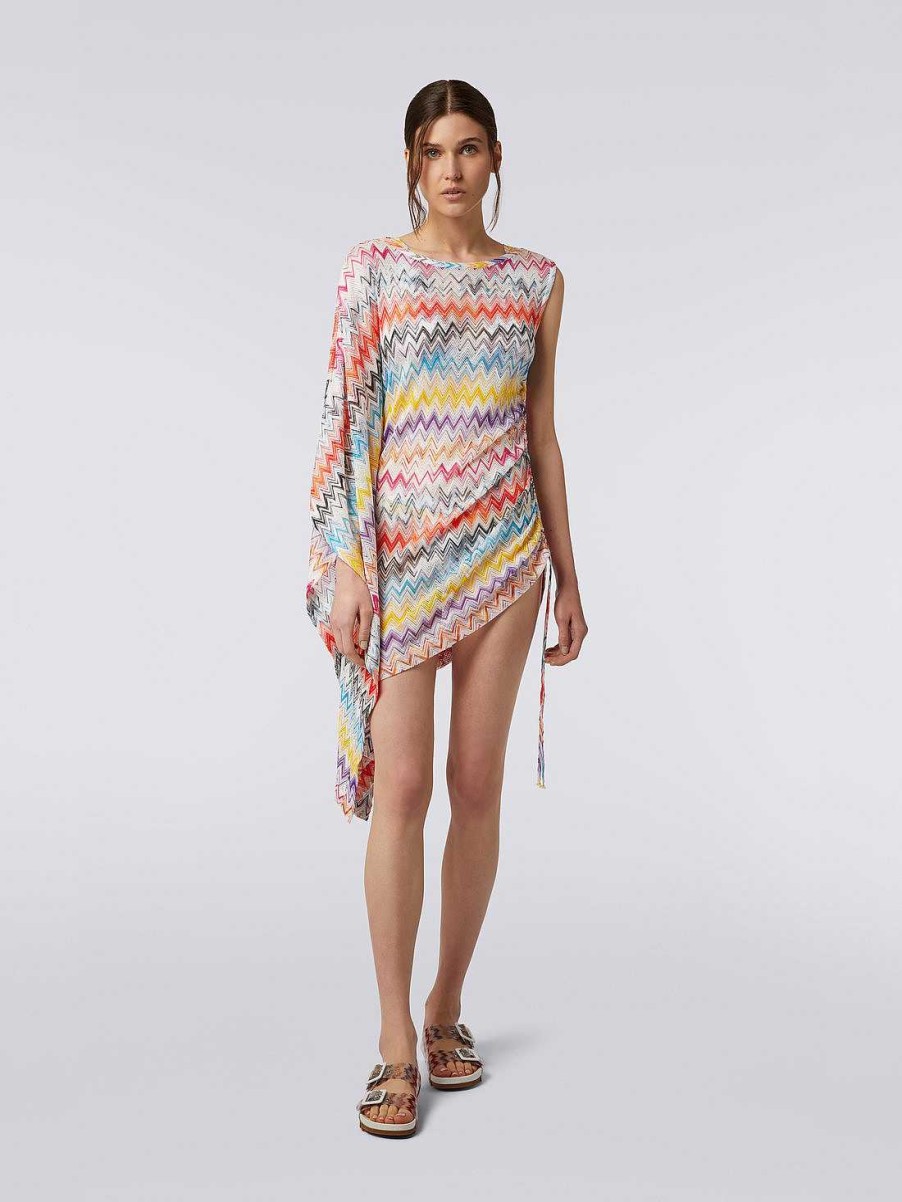 Donne Missoni Abbigliamento Da Spiaggia | Copricostume Corto Asimmetrico Con Stampa Zig Zag E Drappeggio Multicolore