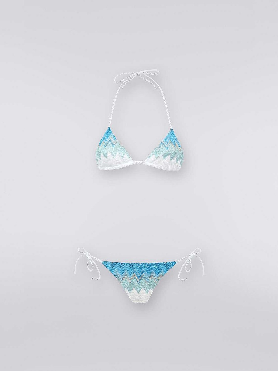 Donne Missoni Costumi Da Bagno | Bikini Zigzag In Misto Viscosa Con Lurex Bianco, Blu E Azzurro