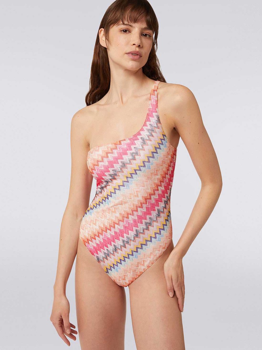 Donne Missoni Costumi Da Bagno | Costume Intero Monospalla In Viscosa Chevron Chevron Ombra Rosa