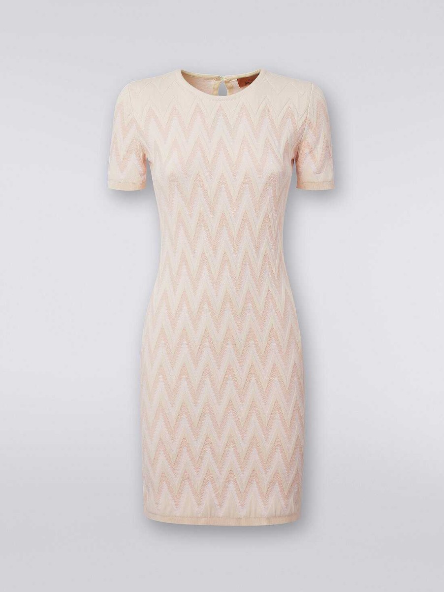 Donne Missoni Vestiti | Abito Girocollo In Chevron Di Cotone Con Lurex Beige