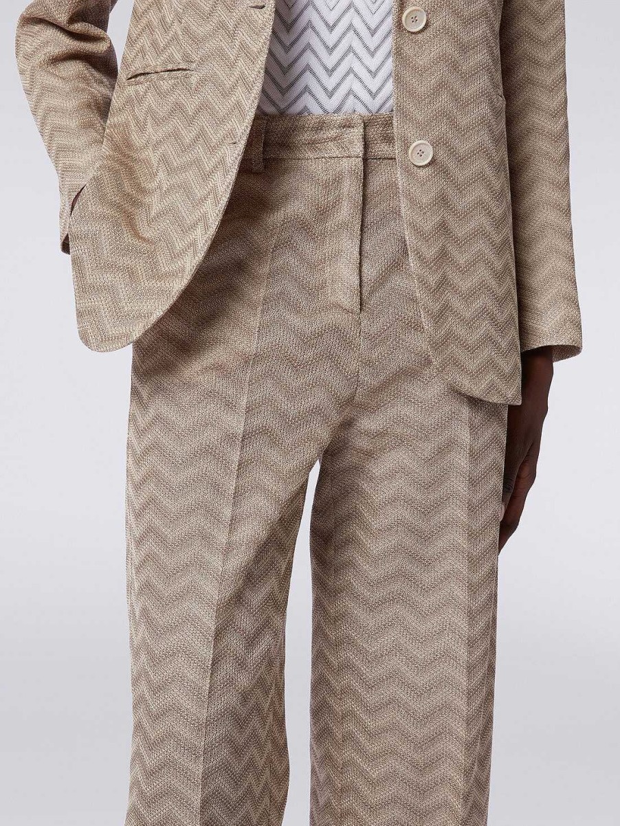 Donne Missoni Pantaloni | Pantaloni Dritti Chevron In Cotone Beige