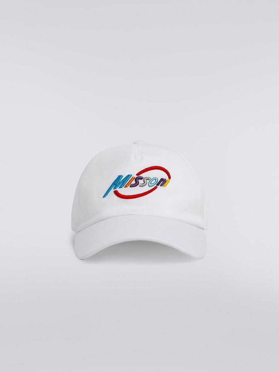 Uomini Missoni Cappelli | Cappello Con Visiera In Cotone Con Scritta Logo Multicolore Bianco