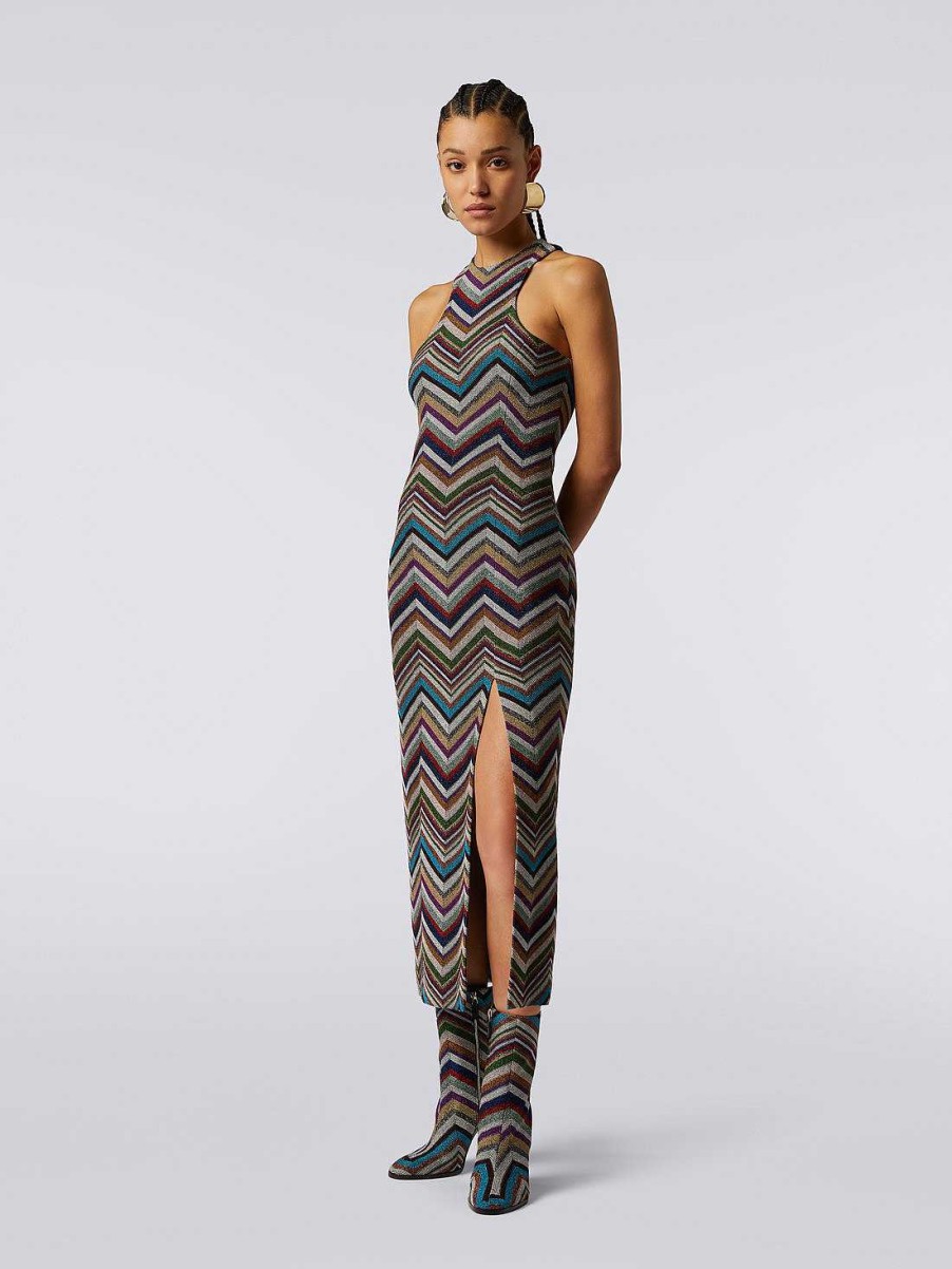 Donne Missoni Vestiti | Abito Con Scollo Americano In Misto Lana Lame A Zig Zag Multicolore