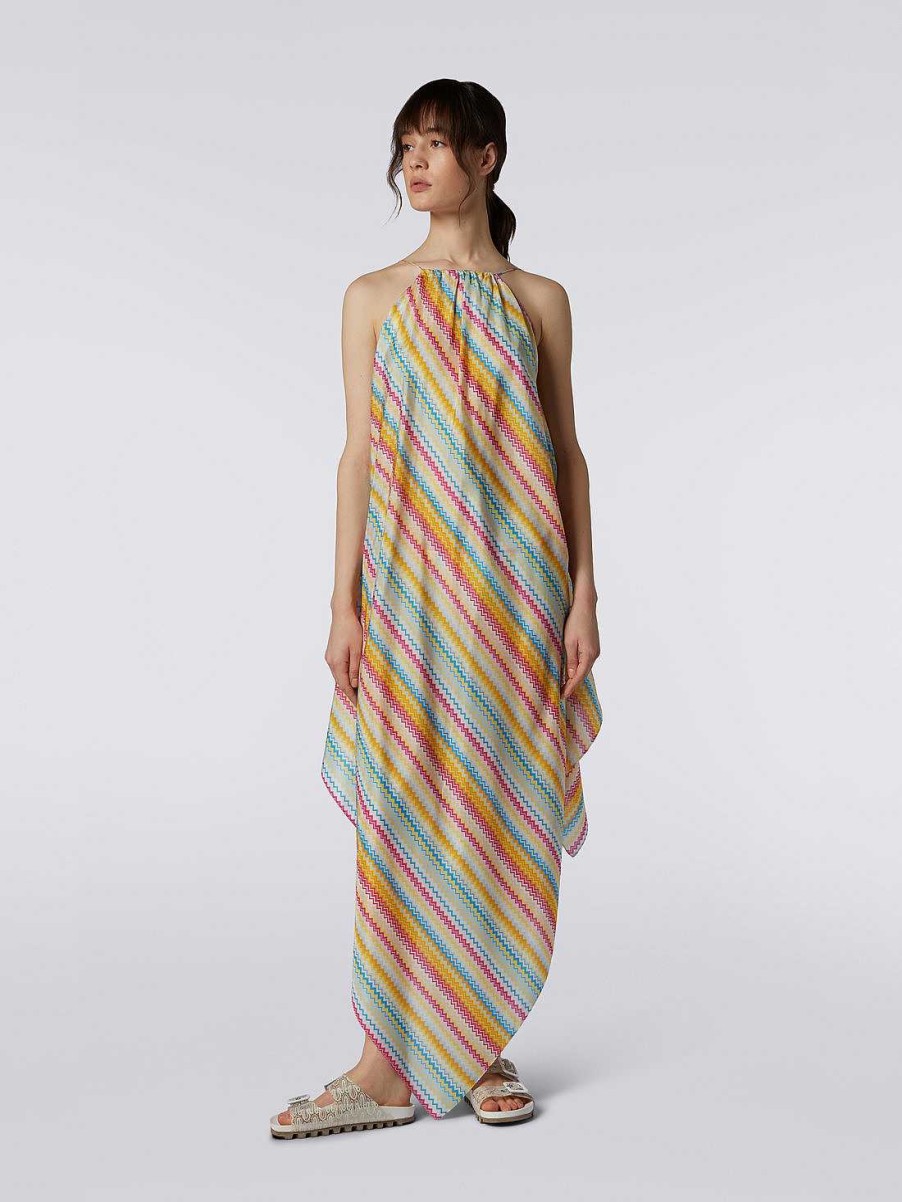 Donne Missoni Abbigliamento Da Spiaggia | Copricostume Lungo Fantasia Foulard In Misto Cotone Zigzag Multicolore