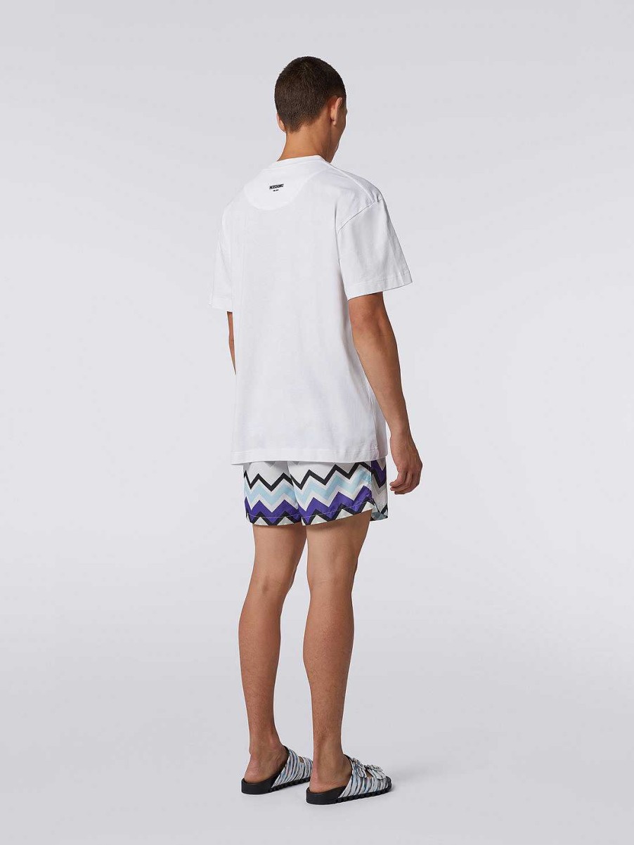 Uomini Missoni Polo E Magliette | T-Shirt Girocollo In Jersey Di Cotone A Zig Zag Bianco, Nero E Blu