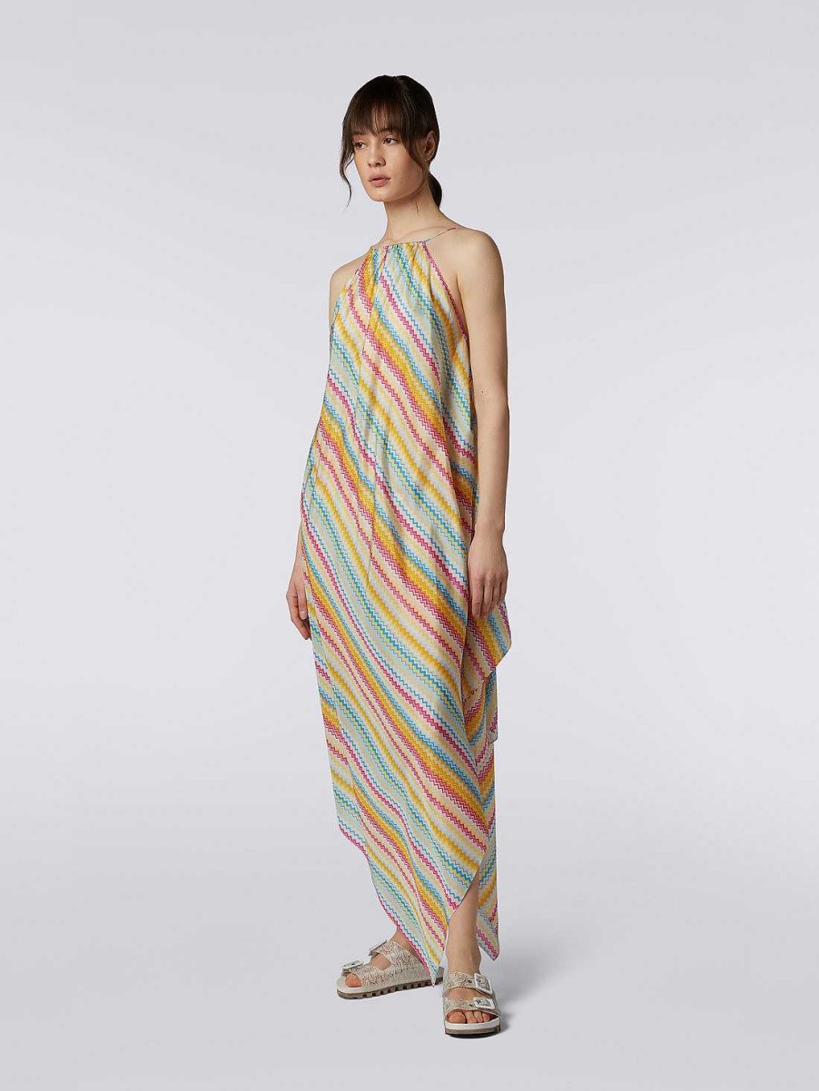 Donne Missoni Abbigliamento Da Spiaggia | Copricostume Lungo Fantasia Foulard In Misto Cotone Zigzag Multicolore