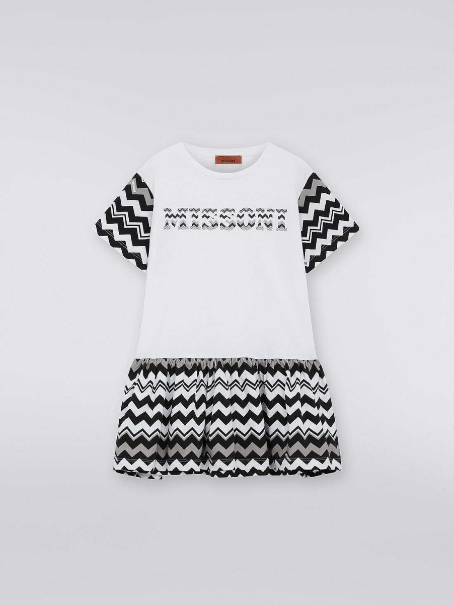 Ragazza (4-14 Anni) Missoni | Abito In Cotone A Maniche Corte Con Inserti A Zigzag E Logo Nero Bianco