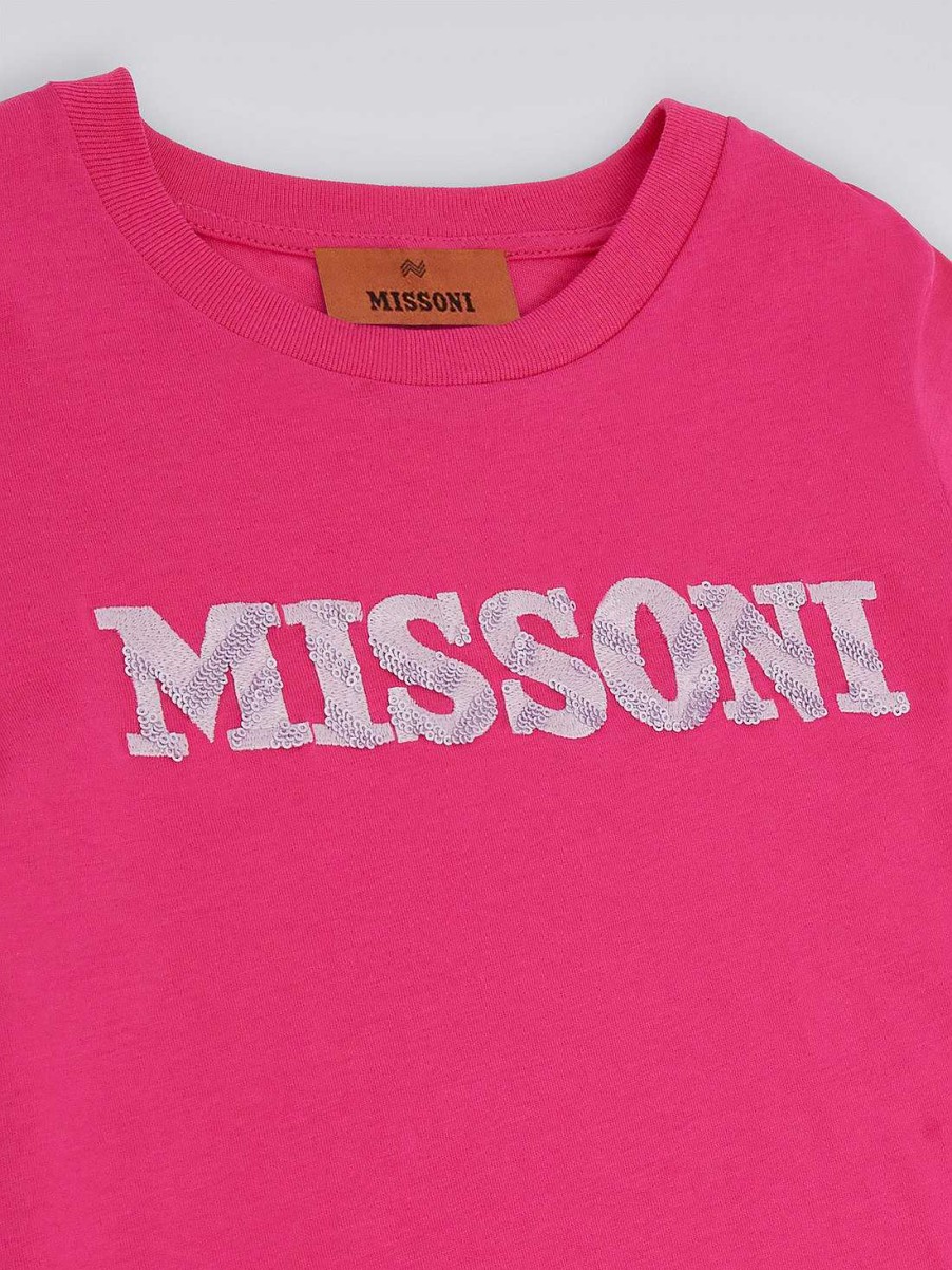 Ragazza (4-14 Anni) Missoni | Pullover In Cotone A Maniche Lunghe Con Logo In Paillettes Rosa