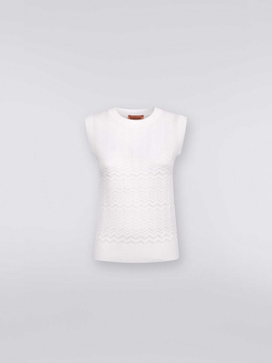 Donne Missoni T-Shirt E Top | Top Smanicato In Cotone E Viscosa Con Zig Zag Tono Su Tono Bianco