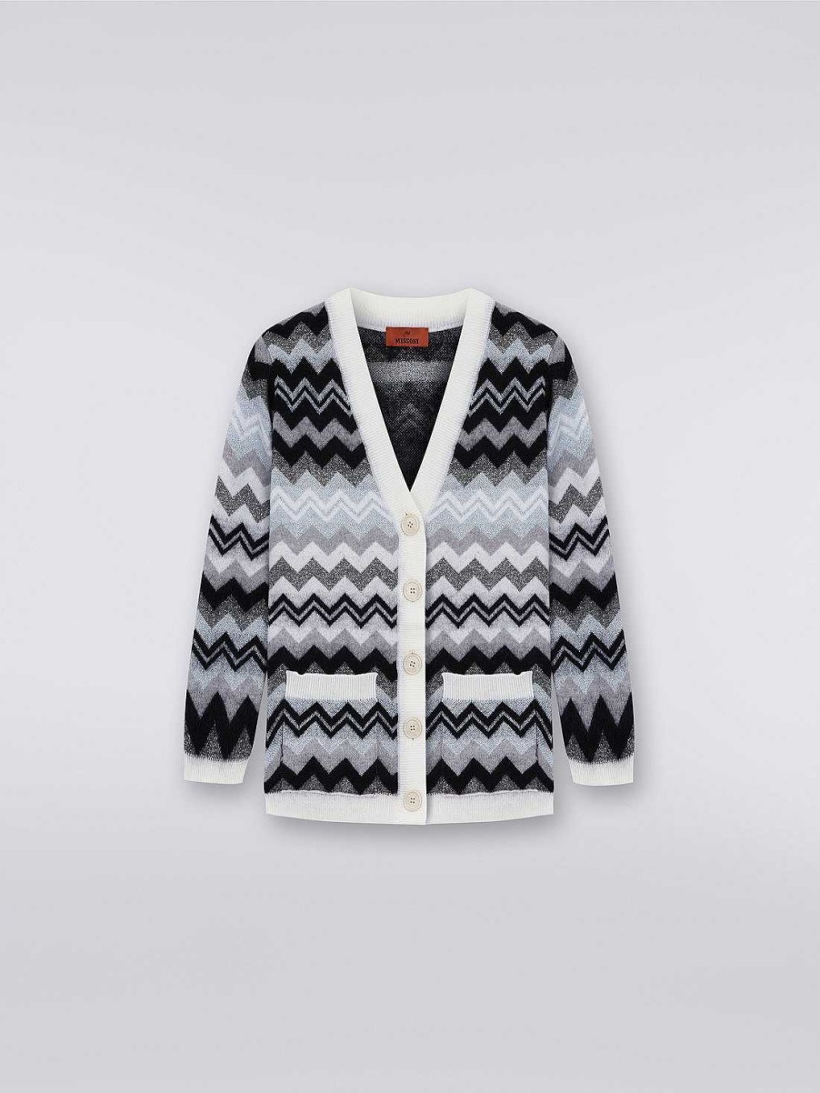 Ragazza (4-14 Anni) Missoni | Cardigan In Lana A Zigzag Con Tasche Nero Bianco