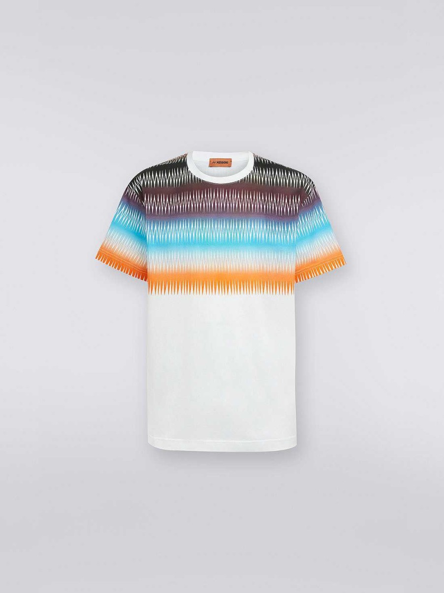 Uomini Missoni Polo E Magliette | T-Shirt Girocollo Oversize In Cotone Con Stampa Zigzag Degrade Multicolore