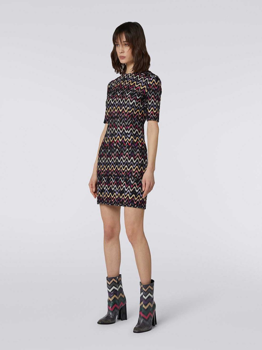 Donne Missoni Vestiti | Mini Abito In Maglia Raschel A Zig Zag Di Lana E Viscosa Multicolore