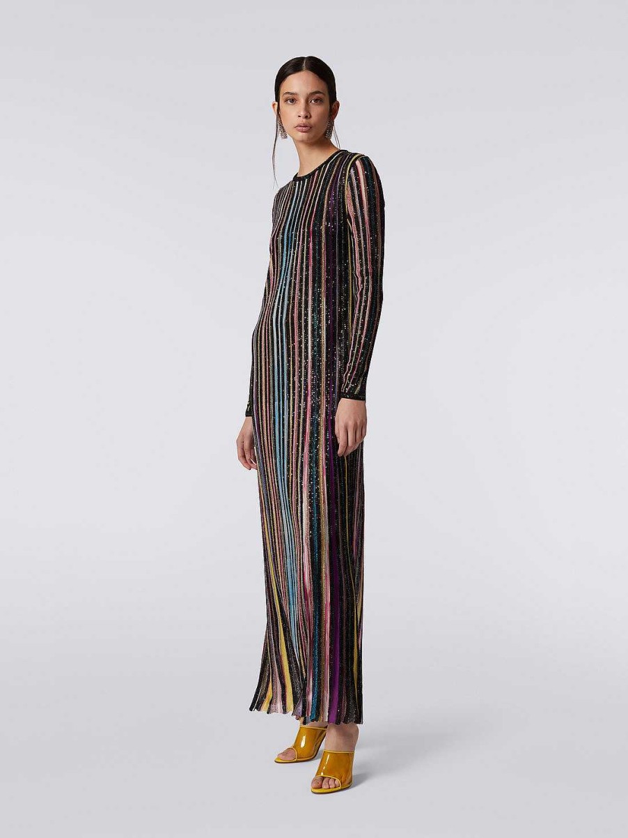 Donne Missoni Vestiti | Abito Lungo Plissettato Con Paillettes Nero E Multicolore