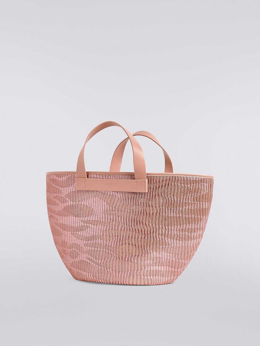 Donne Missoni Borse | Borsa Tote In Maglia Di Viscosa Jacquard Con Manici In Pelle Rosa