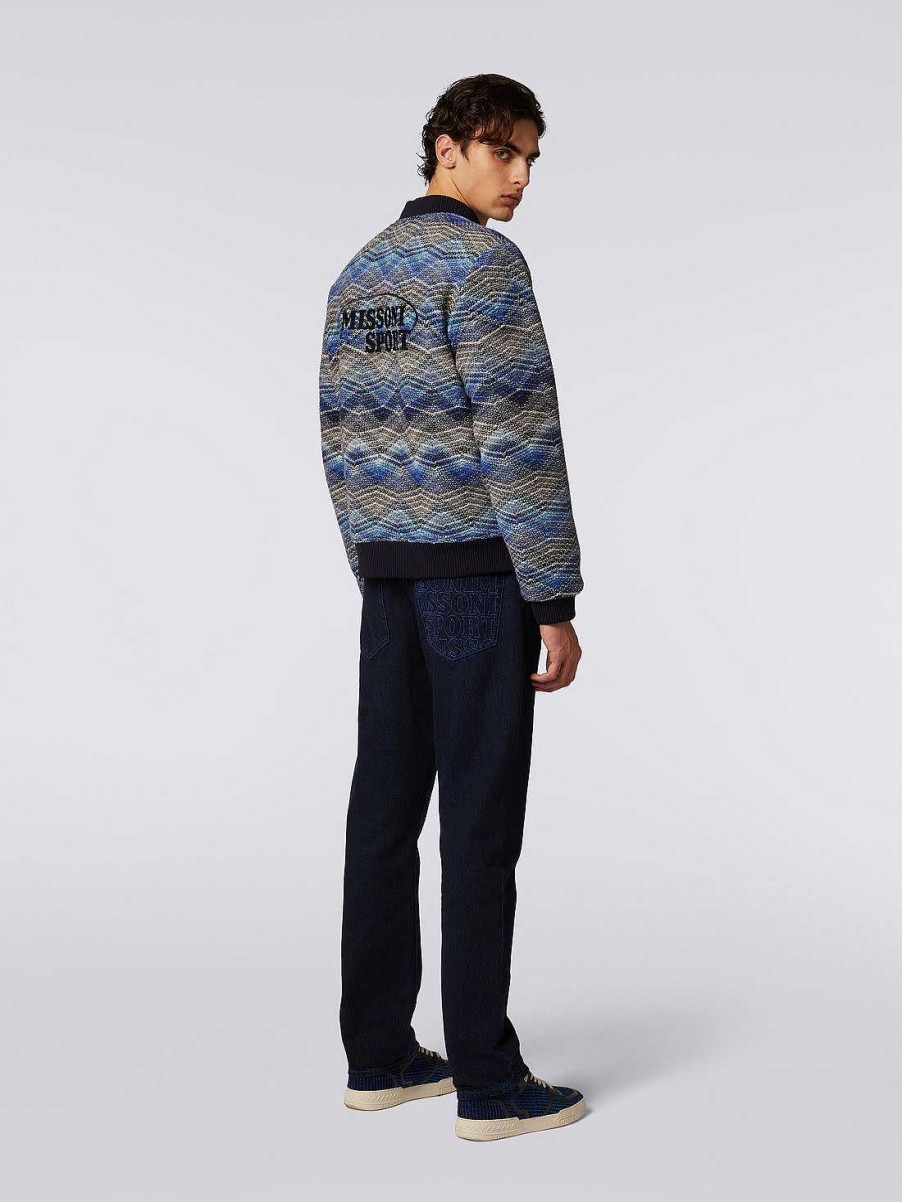 Uomini Missoni Vestiario | Bomber In Misto Lana Con Motivo Zigzag Blu