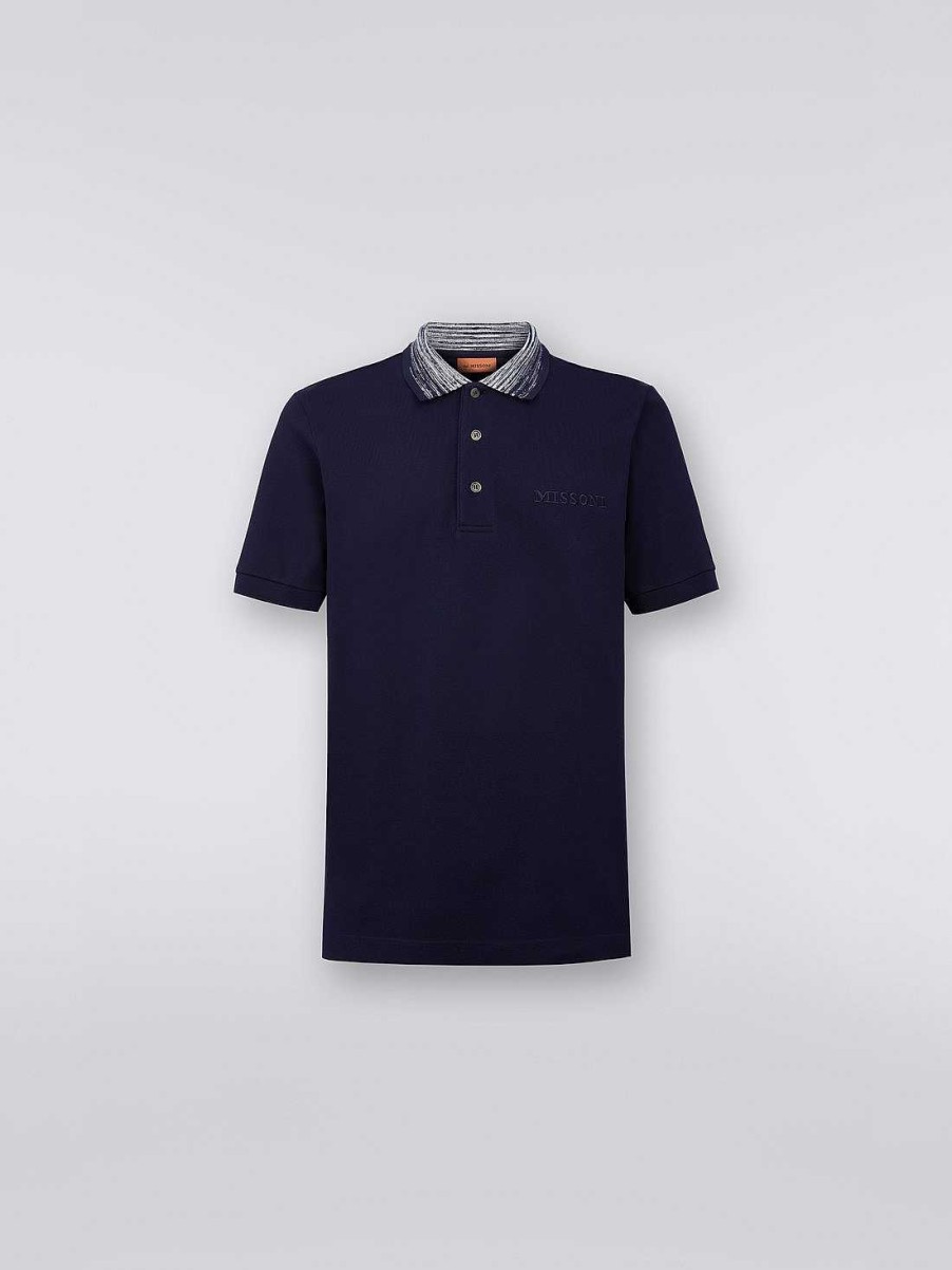 Uomini Missoni Polo E Magliette | Polo In Cotone Con Colletto Fiammato E Scritta Logo Blu Navy