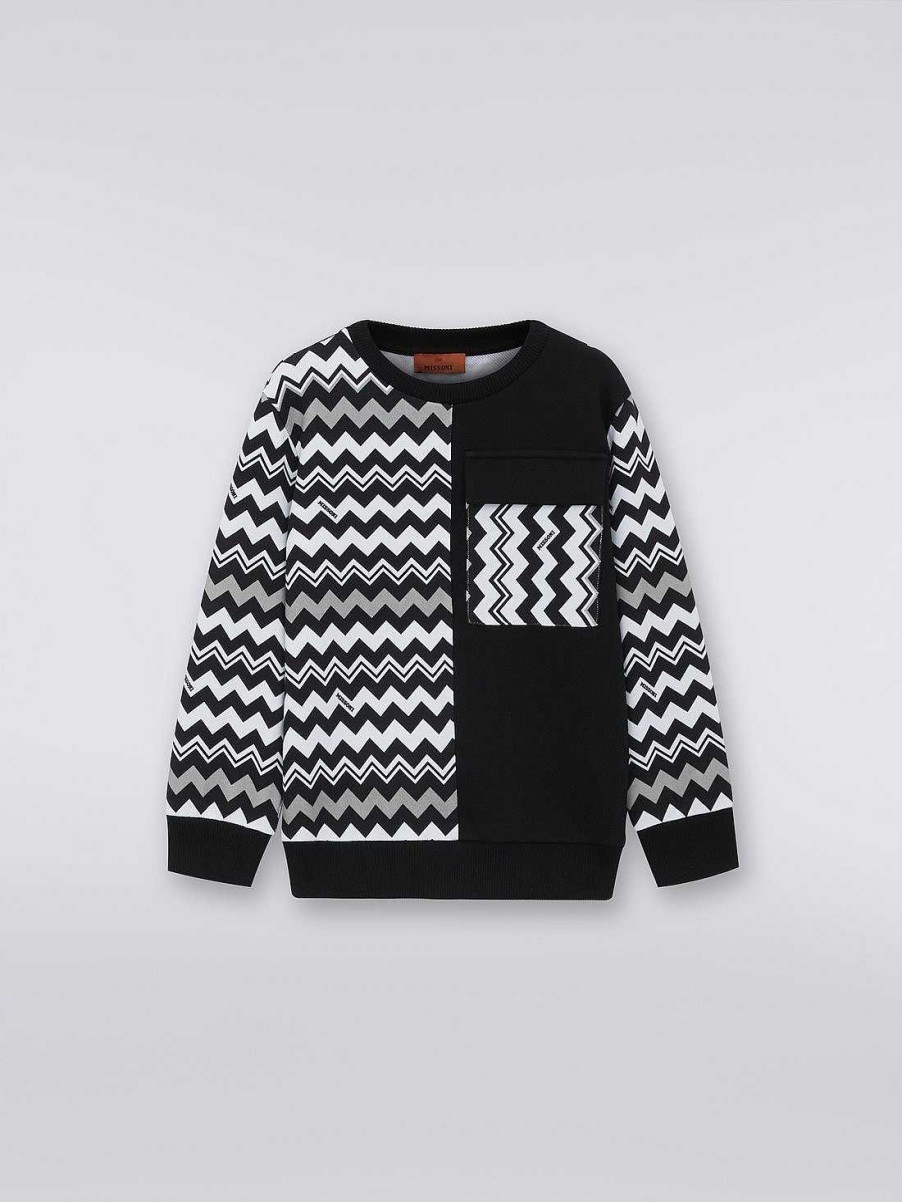 Ragazzo (4-14 Anni) Missoni | Felpa Girocollo In Maglia Di Cotone Patchwork Nero Bianco