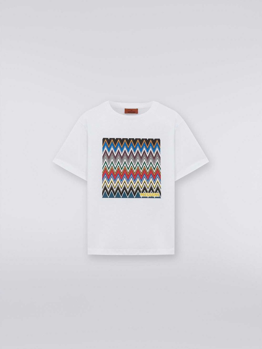 Ragazzo (4-14 Anni) Missoni | T-Shirt In Cotone Con Stampa Zigzag E Logo Bianco