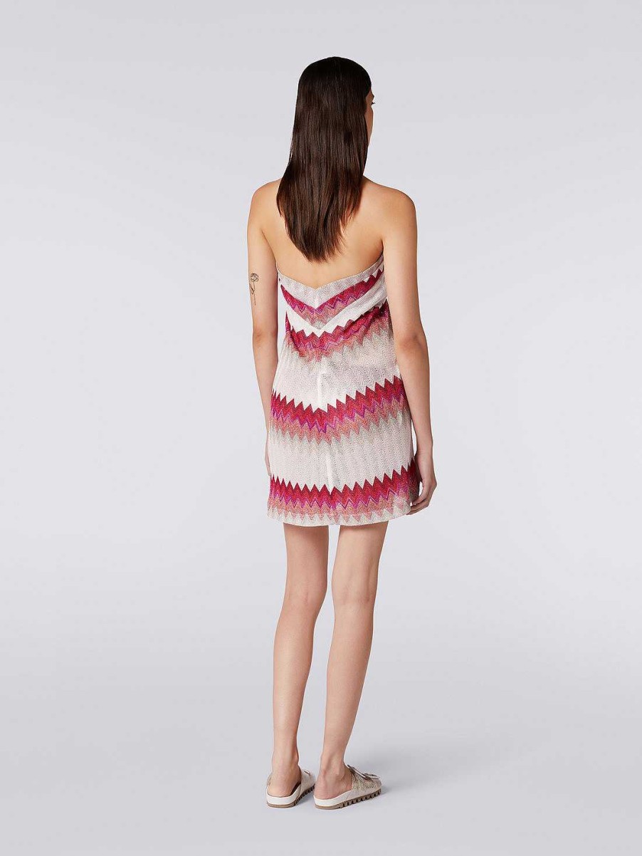 Donne Missoni Abbigliamento Da Spiaggia | Abito Copricostume Pareo Con Zig Zag Lame Bianco, Rosa E Fucsia